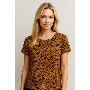 REQUIREMENTS Leopard Cheetah Print Black Yellow Short Sleeve Blouse size Small